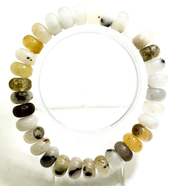 Handmade Agate Rondelle Beaded Bracelet - White Brown Gemstone (10mm)