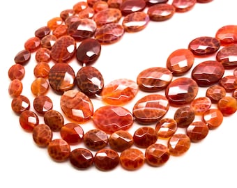 Fire Agate Beads, Natural Fire Agate Polished Smooth Faceted Flat Oval Gemstone Beads - PG177