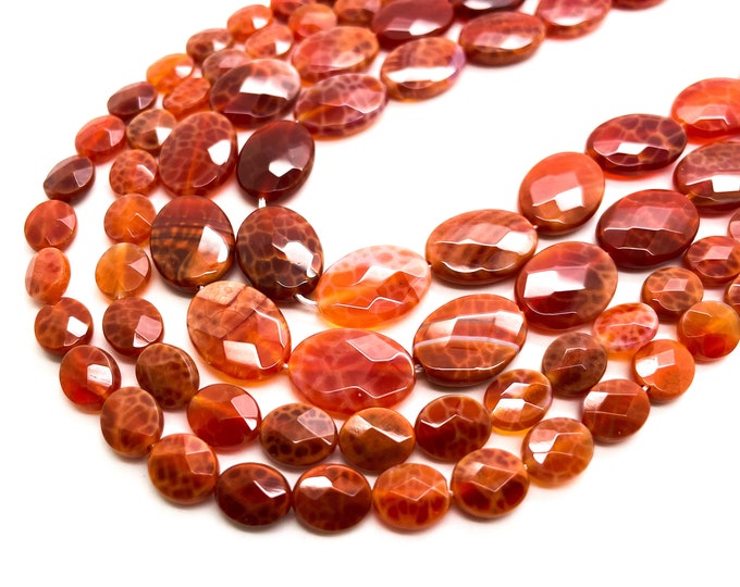 Fire Agate Beads, Natural Fire Agate Polished Smooth Faceted Flat Oval Gemstone Beads - PG177