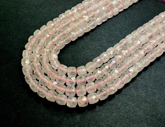 Natural Light Pink Rose Quartz Faceted Square Cube 7mm Gemstone Beads - PGS121