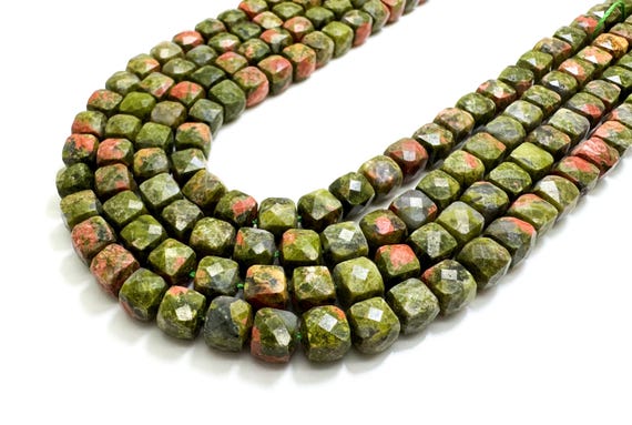 Natural Green Unakite Faceted Square Cube 7mm Gemstone Beads - PGS121