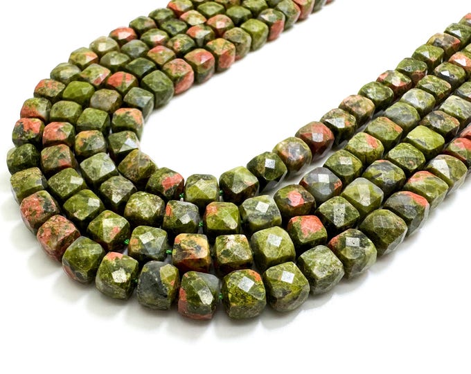 Natural Green Unakite Faceted Square Cube 7mm Gemstone Beads - PGS121