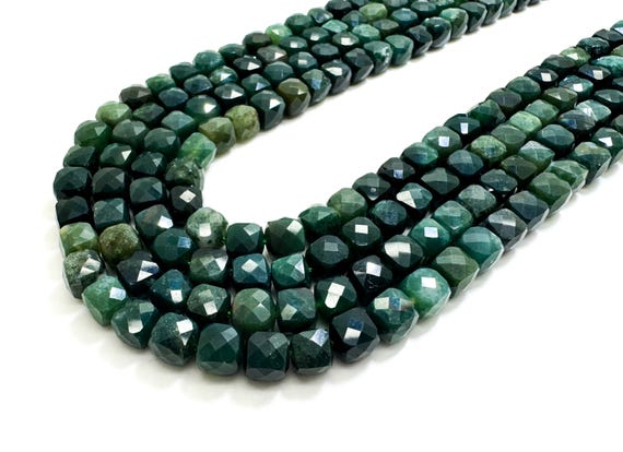 Natural Green Canadian Jade Faceted Square Cube 7mm Gemstone Beads - PGS121