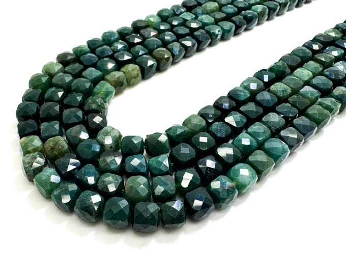 Natural Green Canadian Jade Faceted Square Cube 7mm Gemstone Beads - PGS121