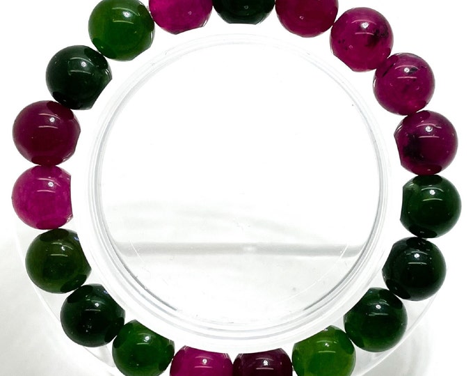 Jade Bracelet, Smooth Round Purple Green Jade 10mm Gemstone Beads Stretch Elastic Cord Handmade Beaded Bracelet - PGB61