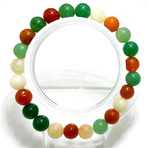 Rainbow Agate Bracelet, Natural Green White Orange Red Yellow Agate 8mm Gemstone Beads Stretch Elastic Bracelet - PGB173