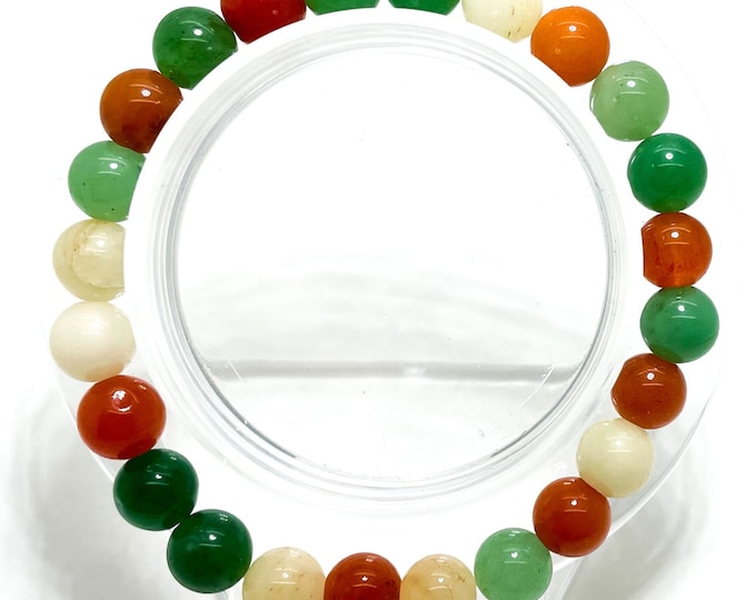Rainbow Agate Bracelet, Natural Green White Orange Red Yellow Agate 8mm Gemstone Beads Stretch Elastic Bracelet - PGB173