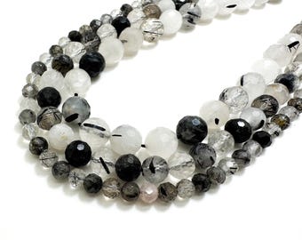 Natural Black Rutilated Quartz Faceted Round Ball Sphere 5mm 7mm 9mm Gemstone Beads - RNF96