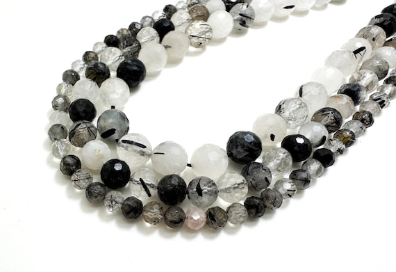 Natural Black Rutilated Quartz Faceted Round Ball Sphere 5mm 7mm 9mm Gemstone Beads - RNF96