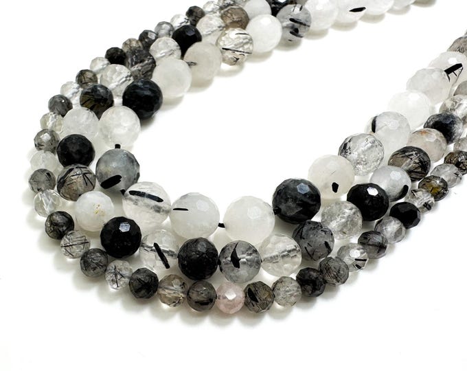 Natural Black Rutilated Quartz Faceted Round Ball Sphere 5mm 7mm 9mm Gemstone Beads - RNF96