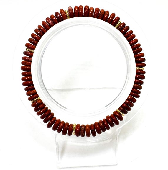 Red Poppy Jasper Stretch Bracelet – 6mm Beads, 6.5" – Gold Spacer Accents – Vitality • Courage • Grounding - PGB8R35