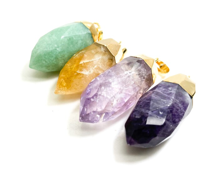 Amethyst Amazonite Citrine Stone Point Spike Gold Plated Edge Pendant Charms