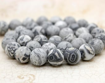 Jasper Beads, Matte Gray Crazy Lace Jasper Natural Round Gemstone Beads (6mm 8mm 10mm) - PG129