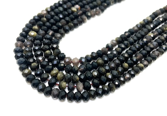 Natural Golden Obsidian Faceted Rondelle Beads 4x5mm 4x5.5mm Gold Sheen Black Obsidian Gemstone Beads Jewelry Making Supplies - RDF113