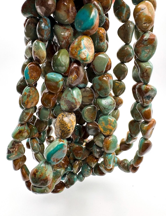 Natural Hubei Turquoise Smooth Pebble Nuggets, Freeform Tumbled Pebble Beads, Earthy Blue Green Golden Matrix Gemstone Strands - PGS373