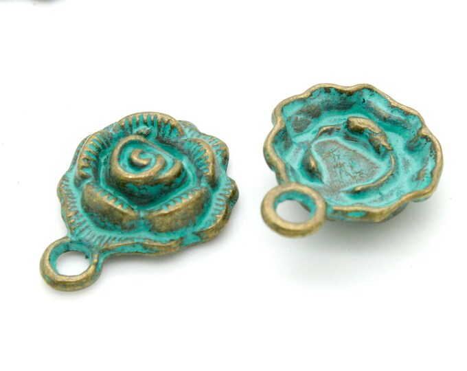 Antiqued Patina Green Bronze Charm Beads Pendant Earing 17mm x 13mm x 5mm - Rose