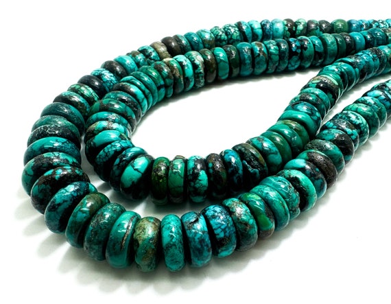 Natural Blue Hubei Turquoise, Genuine AAA Turquoise Smooth Flat Rondelle Nugget Gemstone Beads (Assorted Size) - PGS396B