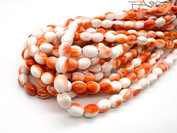 Natural Spiny Oyster Shell Beads Polished Smooth Oval Vibrant Dark Orange Red & White Barrel Shell Gemstone for Artisan Jewelry Supply - SO4