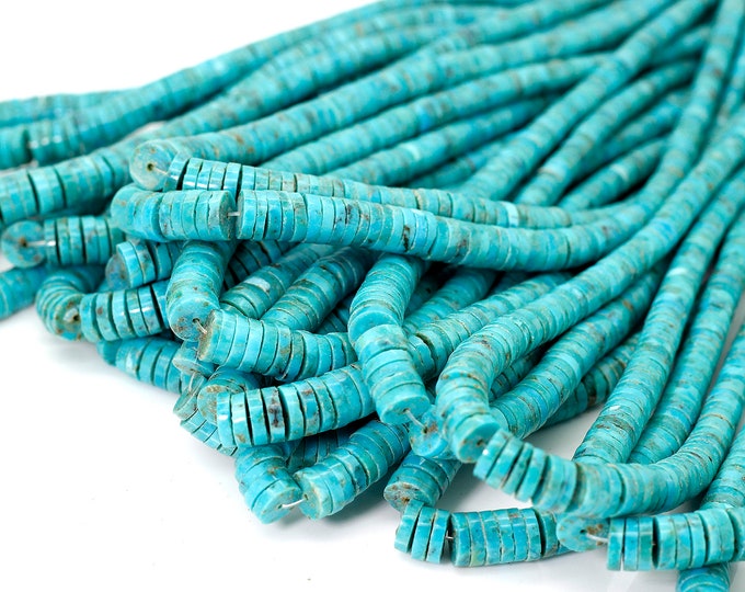 Natural Blue Turquoise, Genuine Turquoise Smooth Polished Rondelle Flat Round Disc heishi Gemstone Beads (Assorted Size) - PGS237