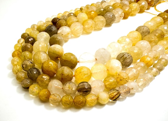 Natural Yellow Golden Rutilated Quartz Faceted Round Gemstone Beads - RNF44