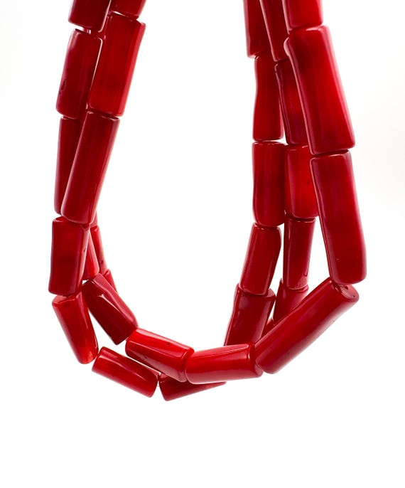 Red Coral Tube Beads Strand | Polished Dyed Red Coral Cylinder Beads | Jewelry Making Supplies - RC18