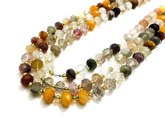 Natural Mixed Color Rutilated Quartz Faceted Rondelle 5mm x 8mm Gemstone Beads - PGS321