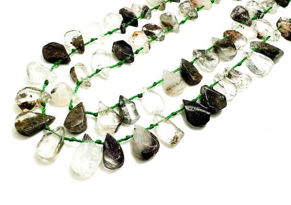 Natural Phantom Quartz Clear Green Flat Teardrop Pear Smooth Polished Gemstone Beads - PGS172