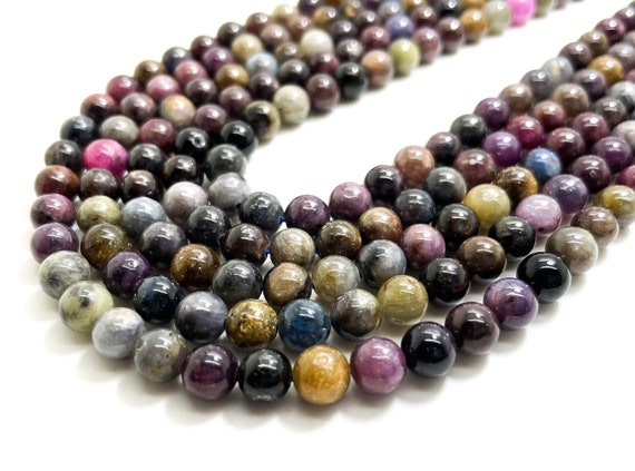 Genuine Natural Sapphire Ruby, High Quality Multi Color 6mm Ruby Sapphire Polished Round Gemstone Beads RN162B