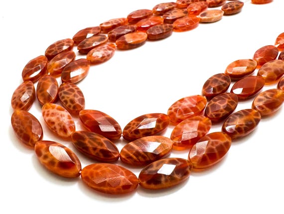 Fire Agate Beads, Natural Fire Agate Polished Faceted Flat Oval Marquise Gemstone Beads - PG179
