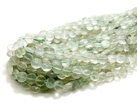 Natural Prehnite Green Flat Round Faceted Disc 4mm x 8mm Gemstone Beads - PG266
