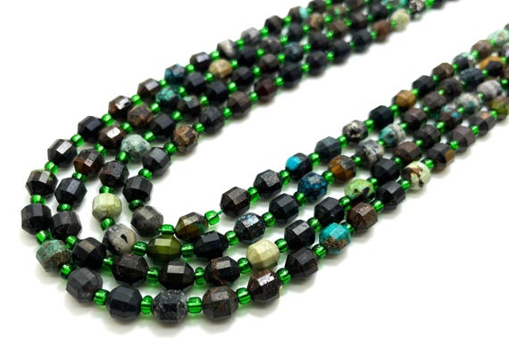 Natural African Turquoise Octagon Faceted Round 6mm x 5mm Double Terminated Points Energy Prism Cut Gemstone Beads - PGS312
