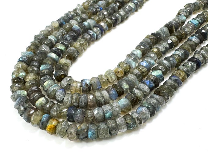 Natural Labradorite Beads, Gray Rainbow Labradorite Faceted Rondelle Gemstone Beads - PG68