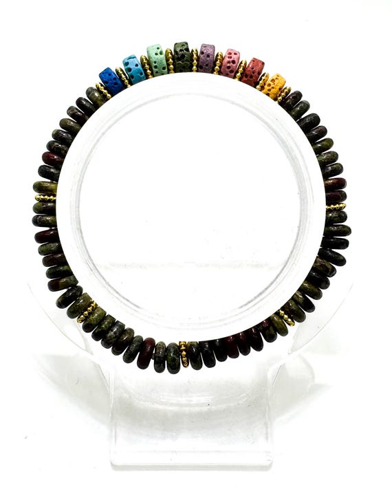 6.5" Bloodstone & Chakra Lava Rock Bracelet – Handmade Elastic Cord, 6mm Beads - PGB8R3