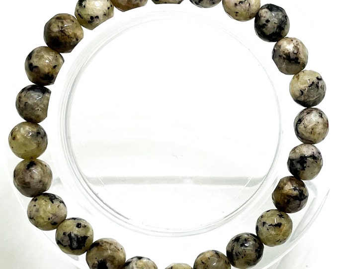 Dalmation Jasper Faceted Round Gemstone 8mm Beads Stretch Elastic Cord Bracelet PGB73F