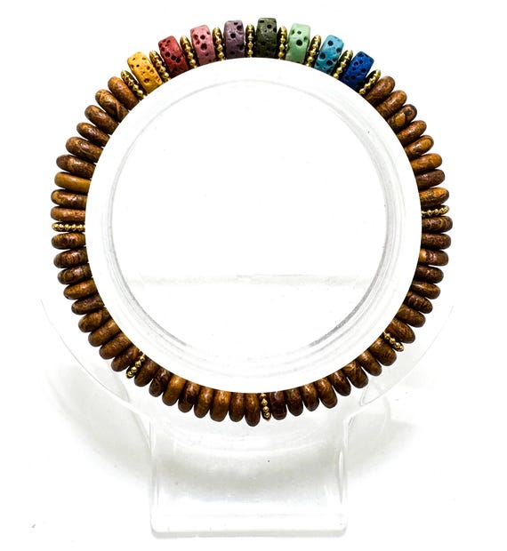 6.5" Picture Jasper & Chakra Lava Rock Bracelet – Handmade Elastic Cord, 6mm - PGB8R6