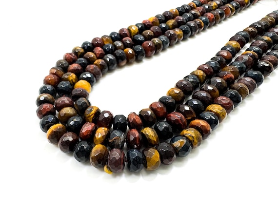 Natural Yellow Red Tiger Eye Tiger's Eye Faceted Rondelle Gemstone Beads - RDF54Y