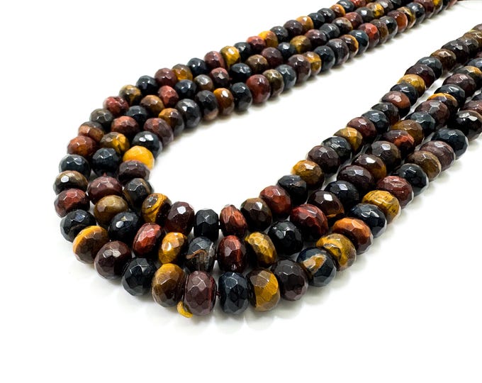 Natural Yellow Red Tiger Eye Tiger's Eye Faceted Rondelle Gemstone Beads - RDF54Y
