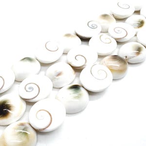 K&ouml;nnte beinhalten: Nahaufnahme von wei&szlig;en Muschelkernperlen mit Spiralmuster. Die Perlen haben ein nat&uuml;rliches, organisches Aussehen, einige zeigen braune und gr&uuml;ne Farbt&ouml;ne. Die Perlen sind in Reihen angeordnet.