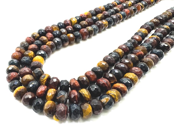 Natural Multi color Yellow Red Tiger Eye Tiger's Eye Faceted Rondelle Gemstone Beads - RDF54Y
