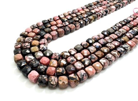 Natural Pink Rhodonite Faceted Square Cube 7mm Gemstone Beads - PGS121