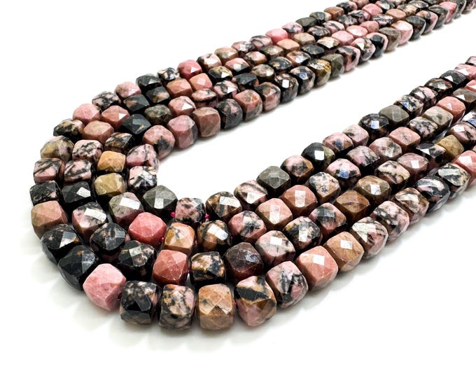 Natural Pink Rhodonite Faceted Square Cube 7mm Gemstone Beads - PGS121
