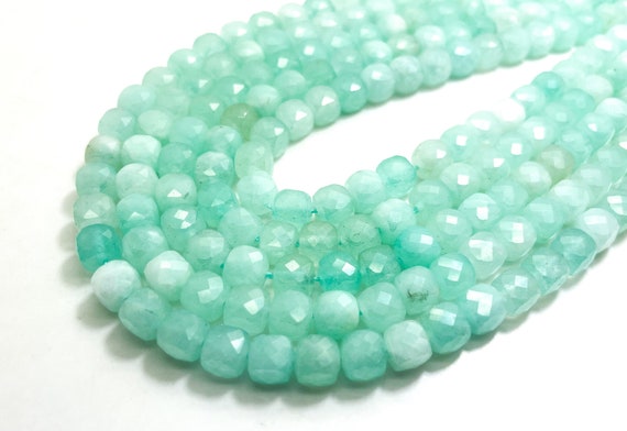 Natural Green Amazonite Square Cube Faceted Size 7mm Gemstone Beads - PGS262