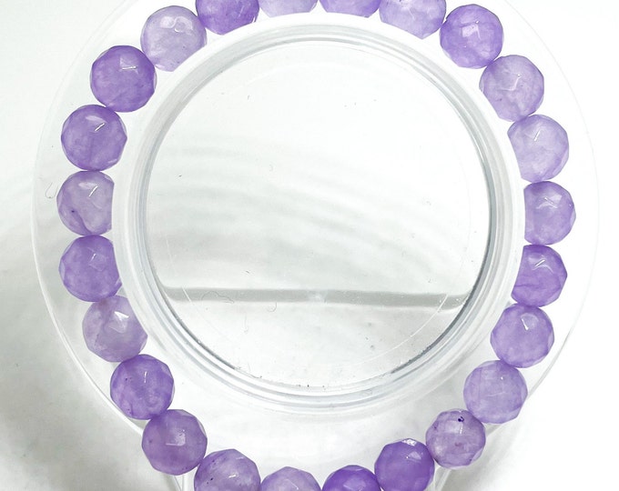 Purple Jade Gemstone Faceted Round Gemstone Beaded 8mm Bead Stretch Elastic Handmade Bracelet - PGB206