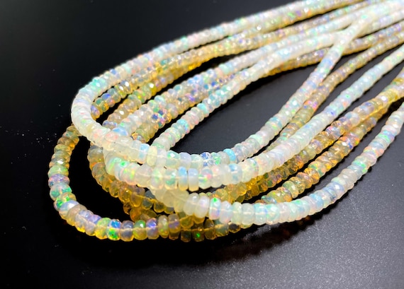 Ethiopian Opal, AAAA Genuine Natural (White, Gold) Rainbow Fire Ethiopian Opal Faceted Rondelle 1mm x 3mm ~ 2mm x 4mm Gemstone Beads RDF99A