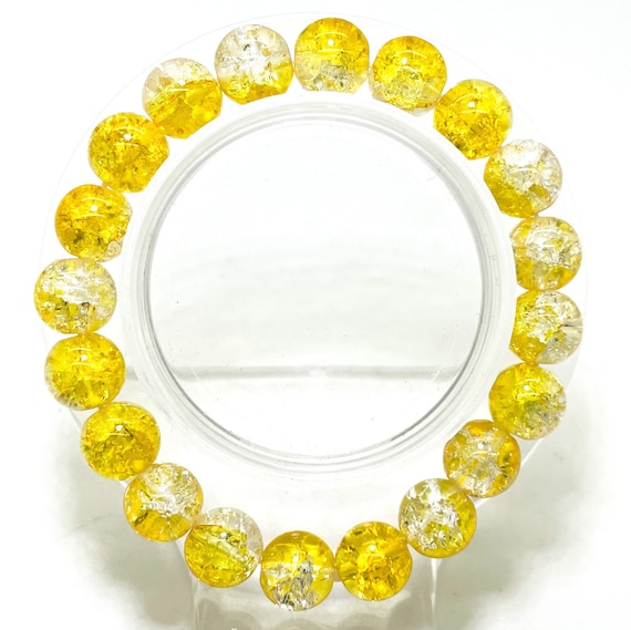 Crackle Quartz Handmade Cracked Crystal 10mm Polished Smooth Gemstone Bracelet (Yellow Clear) - PGB238K