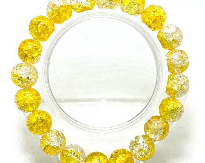 Crackle Quartz Handmade Cracked Crystal 10mm Polished Smooth Gemstone Bracelet (Yellow Clear) - PGB238K