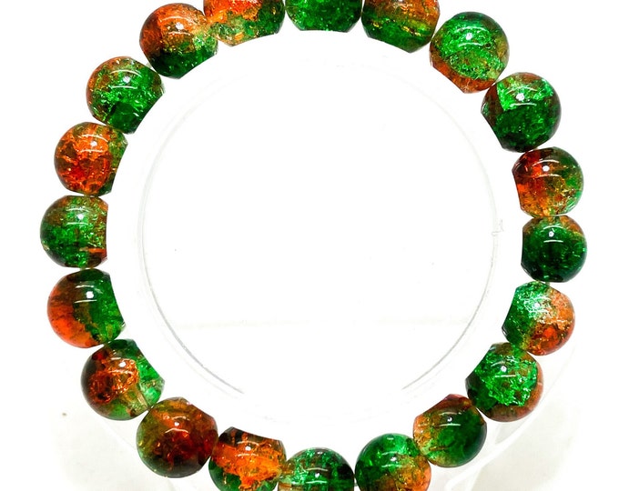 Crackle Quartz Handmade Cracked Crystal 10mm Polished Smooth Gemstone Bracelet (Green Orange) - PGB238A