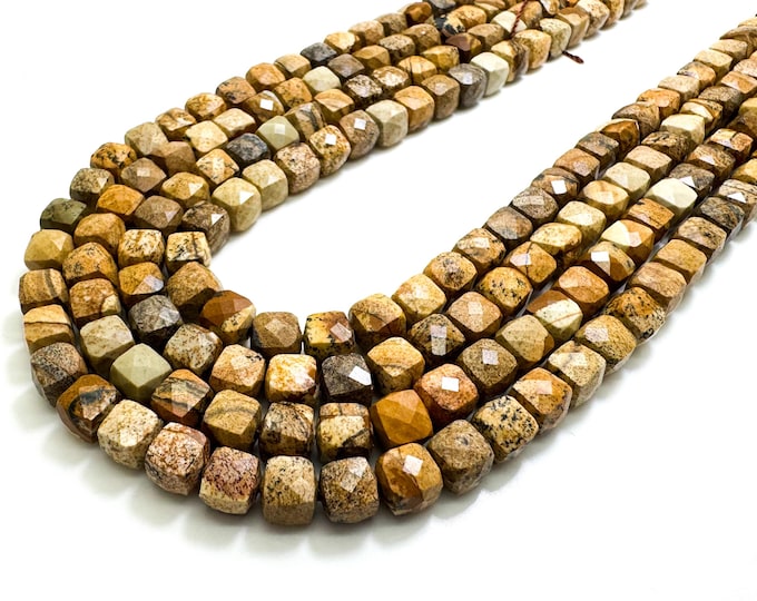 Natural Brown Picture Jasper Faceted Square Cube 7mm Gemstone Beads - PGS121