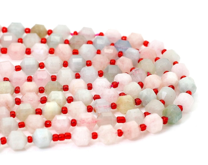 Rainbow Morganite Beads, Natural Morganite Octagon Faceted Round 7mm x 8mm Double Terminated Points Gemstone Beads - PGS306