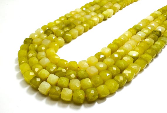 Natural Green Lemon Jade Faceted Square Cube 7mm Gemstone Beads - PGS121